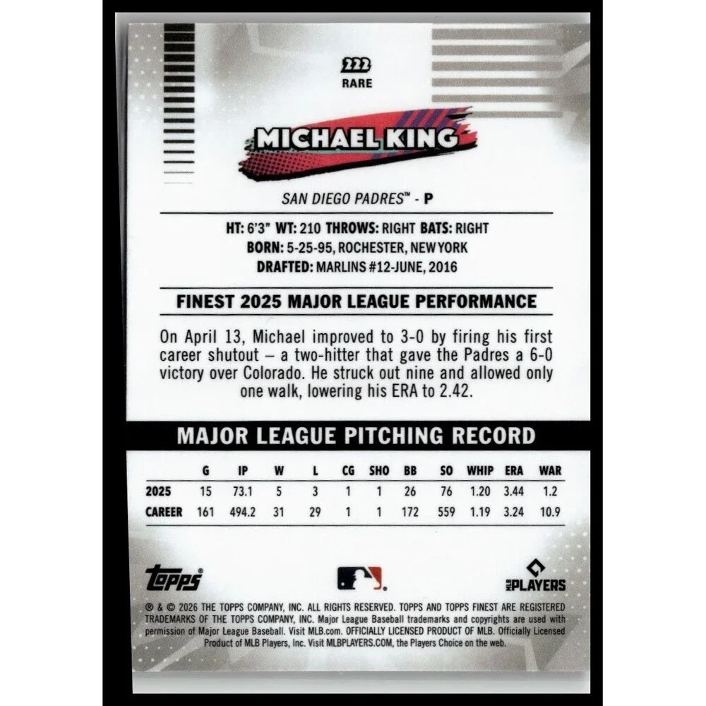 2026 Topps Finest Michael King 222 San Diego Padres Uncommon